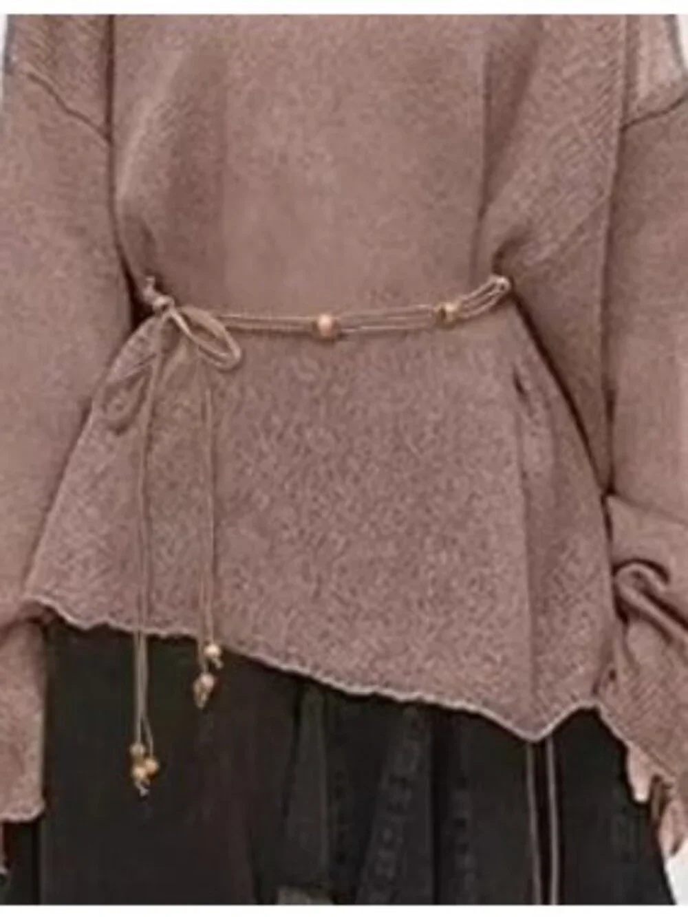 Light Brown Braided Rope Wrap-Around Belt With Wooden Beads